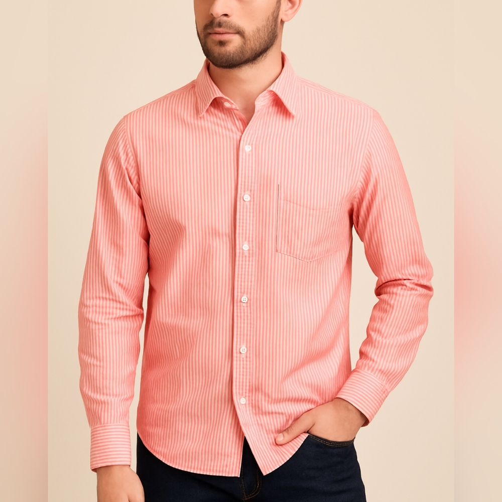 J. Crew Salmon Pink White Striped Casual Button Down Cotton Shirt Classic Fit